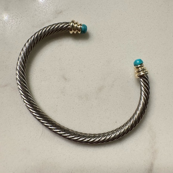 Two Tone Cable Bracelet with Open Cuff Faux Turquoise Silver Tone and Gold Tone - Picture 5 of 9